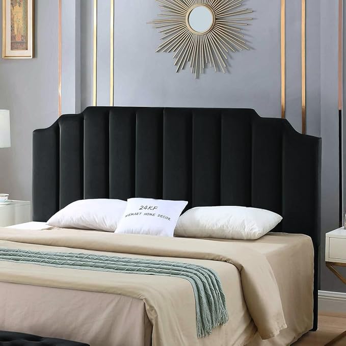 24KF Black Velvet Tufted King Upholstered Headboard, Modern Vertical Channel Design California King Headboard with Stepped Silhouette Top Edge,Black-CasaMuseHome