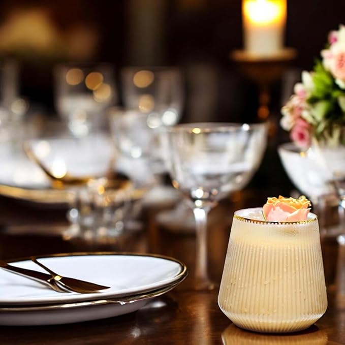 24 Pack Ribbed Origami Ripple Plastic Glasses, 12-9 Ounce Stemless Champagne Flutes & 12-12 Ounce Cups, BPA-Free Disposable Shatterproof Toasting Glasses for Weddings, Bars, and Events (Gold Rim)-CasaMuseHome