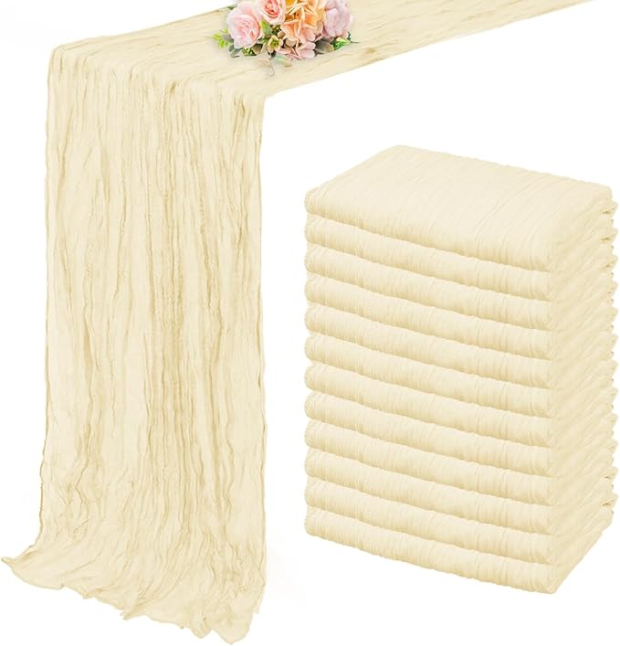 10FT 12 Pack Beige Cheesecloth Table Runner 20 x 120 Inch Long Rustic Gauze Fabric Cheese Cloth Table Runner for Wedding Bridal Baby Shower Table Decorations Boho Sheer Birthday Party Table Decor-CasaMuseHome
