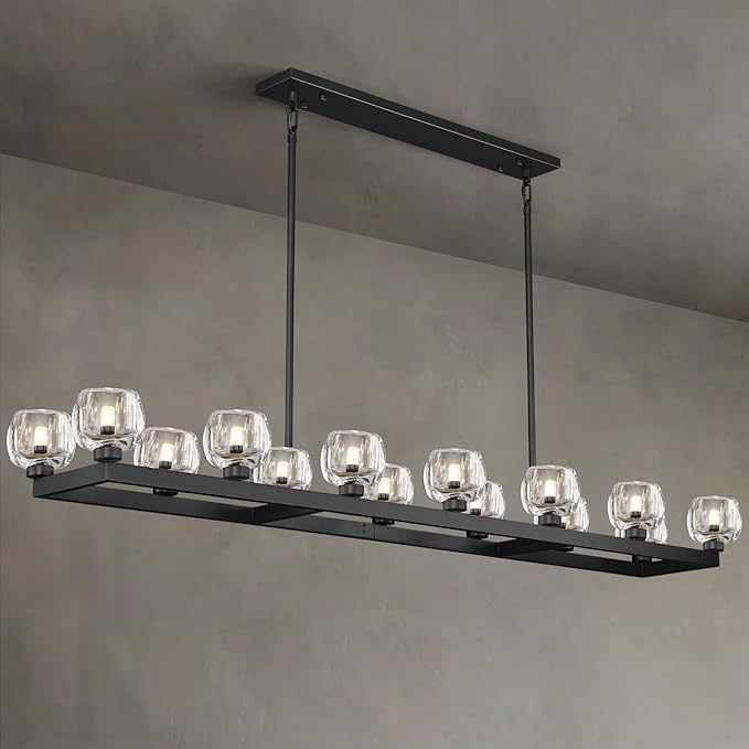 72 Inch Black Rectangle Wagon Wheel Chandeliers, Chandelier for Dining Room Over Table, Modern Crystal Long Chandelier for High Ceiling, Farmhouse Large Linear Chandeliers for Kitchen Island-CasaMuseHome