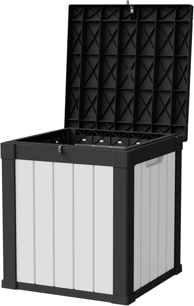 50 Gallon Storage Box, Waterproof Deck Box for Indoor & Outdoor Use, Lockable Pool Storage Bin for Package Delivery, Outdoor Bench for Patio Cushions, Garden Tools, Backyard, Black & White-CasaMuseHome