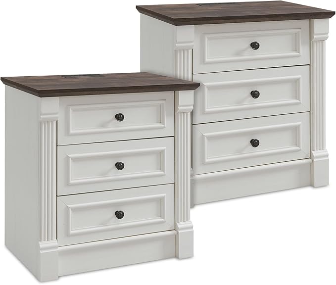 26" Tall Farmhouse Nightstand Set of 2, 3 Drawers End Table w/Charging Station, 23.6" Wide Large Side Table w/Roman Column, Wood Rustic Sofa Table for Bedroom, White-CasaMuseHome