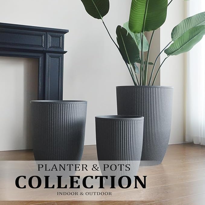 2 Pcs Pack 15 Inches Heavy Duty Plastic Resin Tall Tapered Planter Pots Large Round Planter Flower Pot with Drainage Hole for Indoor Outdoor Deck Porch Garden Home Patio Front Door (Dark grey, S)-CasaMuseHome