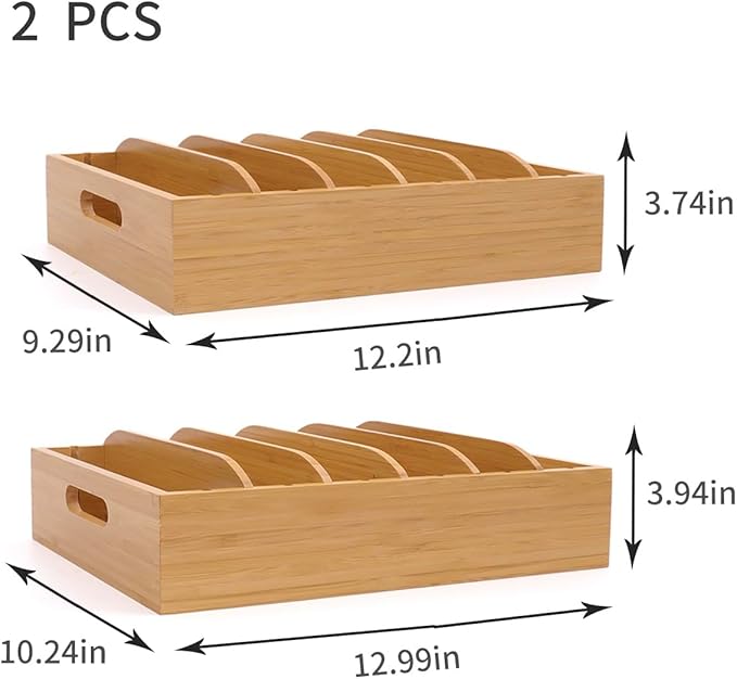 2 Pack Bamboo Lid Holder Food Container, Kitchen Organizer with 5 Adjustable Dividers, Cabinet Organizer for Food, Kitchen Gadget, Container Lids-CasaMuseHome