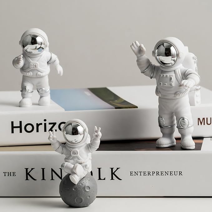 3 Pcs Silver White Astronaut Statues Set, Spaceman Sculpture Figurines Home Ornament Cake Toppers Gift-CasaMuseHome