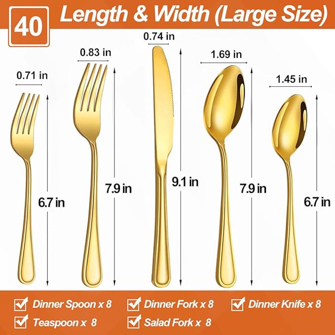 40 Pcs Gold Silverware Set for 8 with Simple Striped Handle Design, Food Grade Stainless Steel Flatware Set, Eating Utensils Sets Include Fork/Knife/Spoon, Cutlery Set, Dishwasher Safe-CasaMuseHome