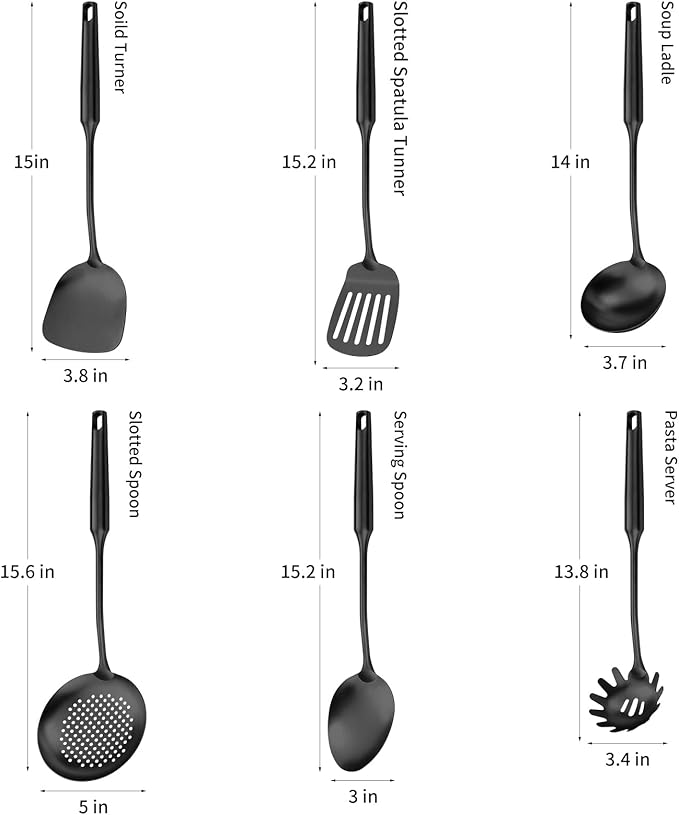 304 Stainless Steel Cooking Utensil,Kitchen Kitchen Utensil with Spatula, Solid Spoon, Ladle, Skimmer, Spaghetti Spoon, 6 Piece Set, Dishwasher Safe(Black)-CasaMuseHome