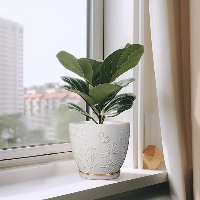 8 Inch Ceramic Pots for Plants Large Planter Pot with Drainage Hole and Saucer Round Flower Pot for Indoor Outdoor Decor, White-CasaMuseHome