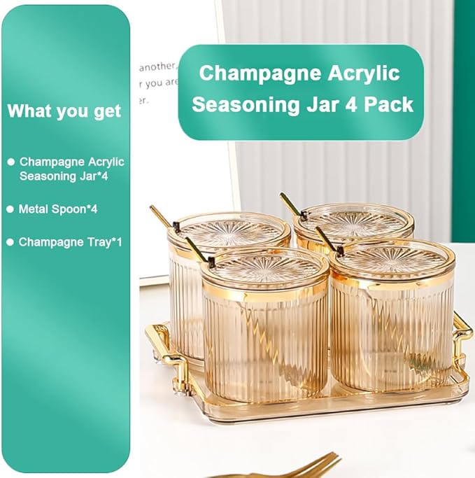 Acrylic Condiment Spice Jars,Condiment Spice Box With Lids and Spoons and Tray,Clear Plastic Condiment Canisters,Seasoning Box 4 Pack,Seasoning Box Set for Kitchen to Storage Salt,Paprika,Sugar-CasaMuseHome