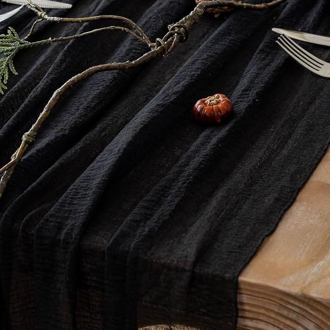 3pcs Halloween Table Runner Black Cheesecloth Gauze Rustic Premium Cotton Cheese Cloth Table Runner 120 Inch 10 FT for Wedding Bridal Baby Shower Long Sheer Boho Decorations-CasaMuseHome