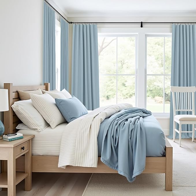 100% Blackout Curtains 90 Inches Long for Living Room 2 Panels Set Light Blocking Heat Darkening Energy Saving Curtain Window Coverings Coastal Beach Linen Farmhouse Drapes Bedroom Stone Blue Chambray-CasaMuseHome