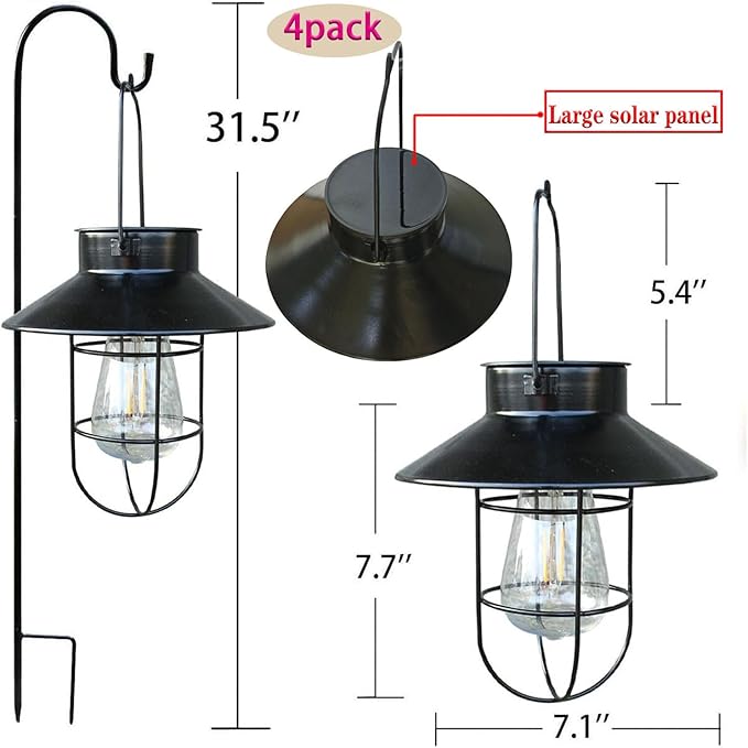 4 Pack Hanging Solar Lantern Lights with Shepherd Hook, Metal Waterproof Warm White Edison Bulb Lights for Garden Outdoor Pathway-CasaMuseHome