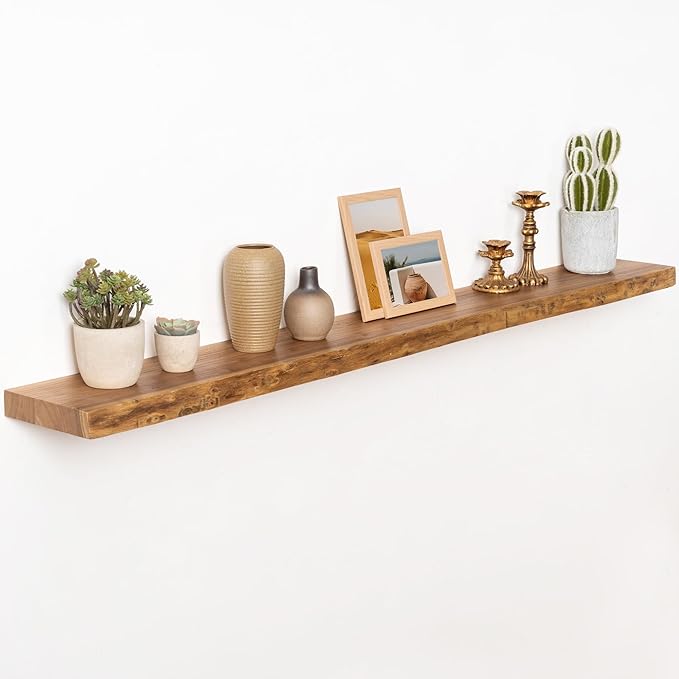 55" Floating Shelves, Live Edge Elm Wood Floating Shelf for Wall, Wall-Mounted Display Shelves with Invisible Heavy-Duty Bracket, Long Floating Shelf for Bathroom, Kitchen, Living Room, Natural Color-CasaMuseHome