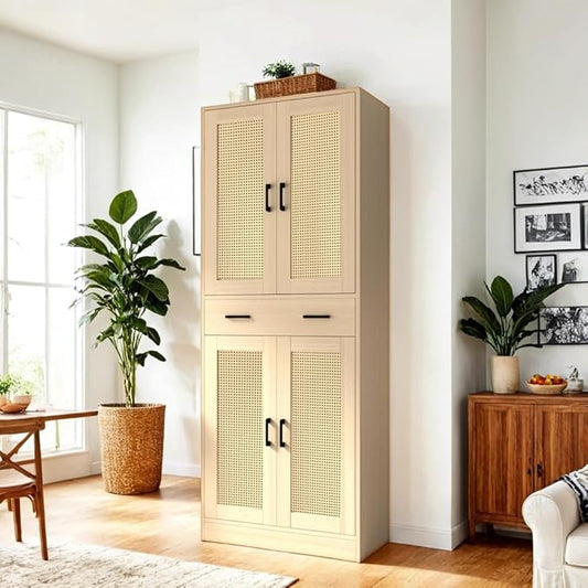 71" Tall Oak & Rattan Pantry Cabinet - Boho Chic Kitchen Storage with Doors & Drawer for Dining Room, Hallway or Kitchen Organization-CasaMuseHome