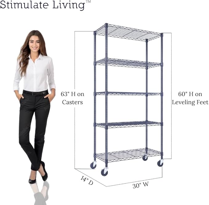 30"x14"x60" PRIME HEAVY DUTY Black 5-Tier Wire Shelving 1,750 LBS MAX Capacity Storage Rack for Commercial, School, Home, Garage, Warehouse, Industrial, and Hospital Uses (with Wheels)-CasaMuseHome