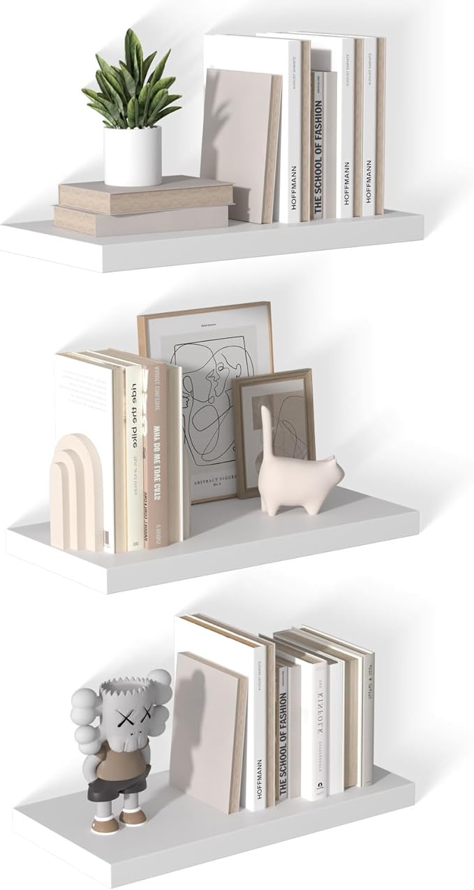 12 Inch Deep Floating Shelves for Wall 3 Pack White Floating Shelves Large Storage Space Wall Mount Shelf for Living Room Kitchen Bathroom 24" W x 12" D x 1.2" H White-CasaMuseHome