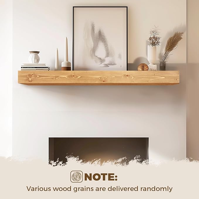 48x8x5 Fireplace Mantel - Handcrafted Rustic Solid Wood Wall Mounted Floating Shelf with Invisible Heavy Duty Wood Bracket (Natural)-CasaMuseHome