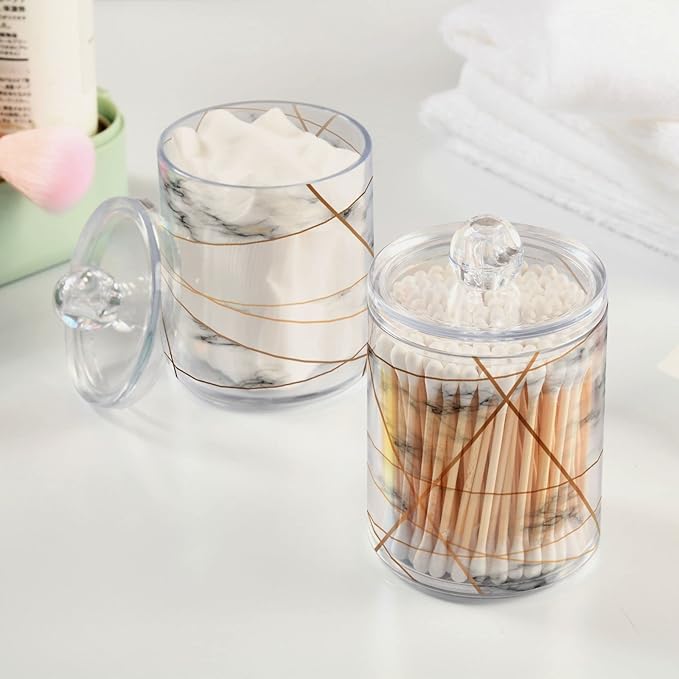 2 Pack Qtip Holder Dispenser White Marble Gold Line Bathroom Storage Canister Lid Acrylic Plastic Apothecary Jar Set Vanity Makeup Organizer for Cotton Swabs/Pads/Floss-CasaMuseHome