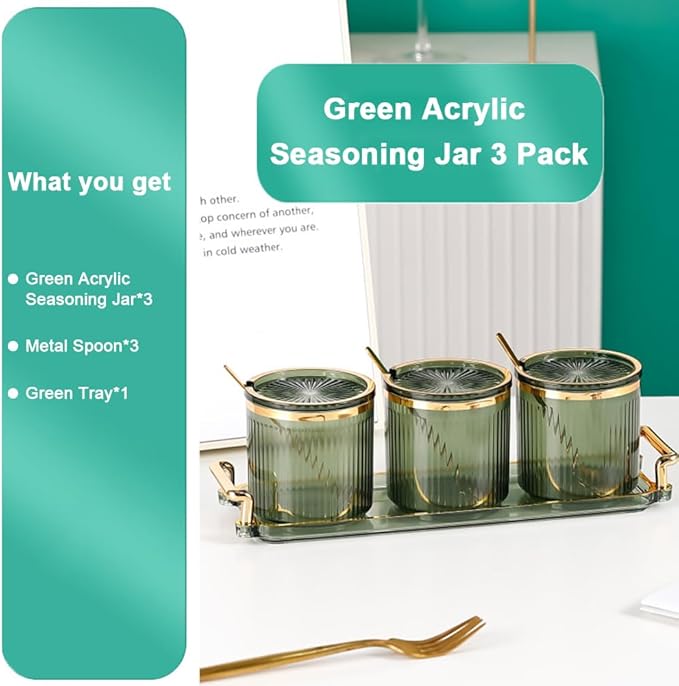 Acrylic Condiment Spice Jars,Condiment Spice Box With Lids and Spoons and Tray,Clear Plastic Condiment Canisters,Seasoning Box 3 Pack,Seasoning Box Set for Kitchen to Storage Salt,Paprika,Sugar-CasaMuseHome
