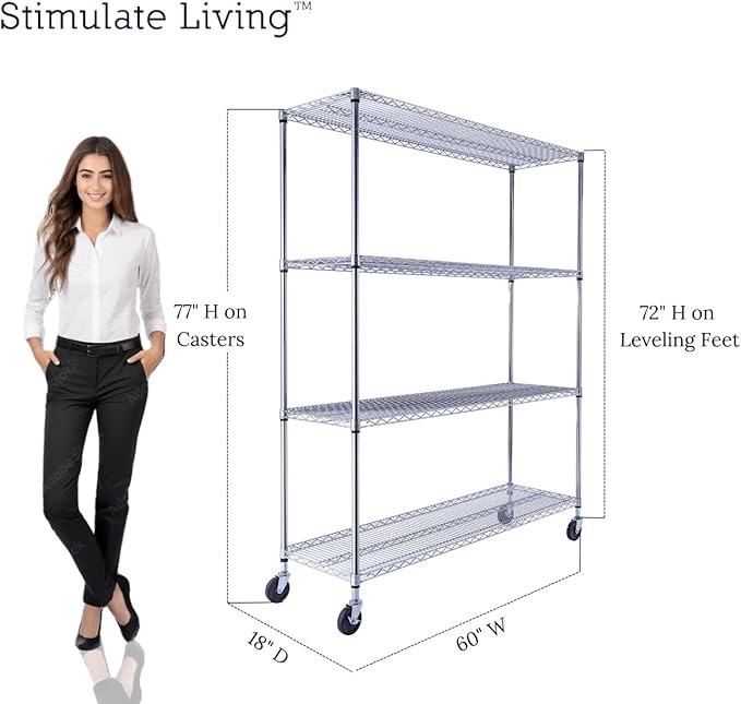 60"x18"x72" Prime Heavy Duty Chrome 4-Tier Wire Shelving NSF 3200 LBS MAX Capacity Storage Rack for Commercial, Hospital, School, Garage, and Kitchen Uses (with Wheels)-CasaMuseHome