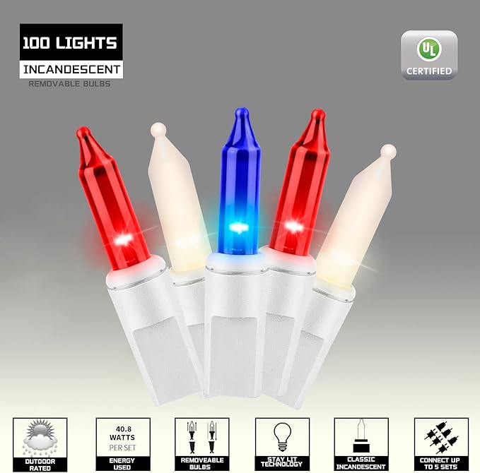 100LIGHTS RED White and Blue Extra-Bright with End Connectors 4th July Decoration Patriotic Mini String Lights 5.98m UL Certified Waterproof for Home Garden Holiday Tree Party Patio-CasaMuseHome