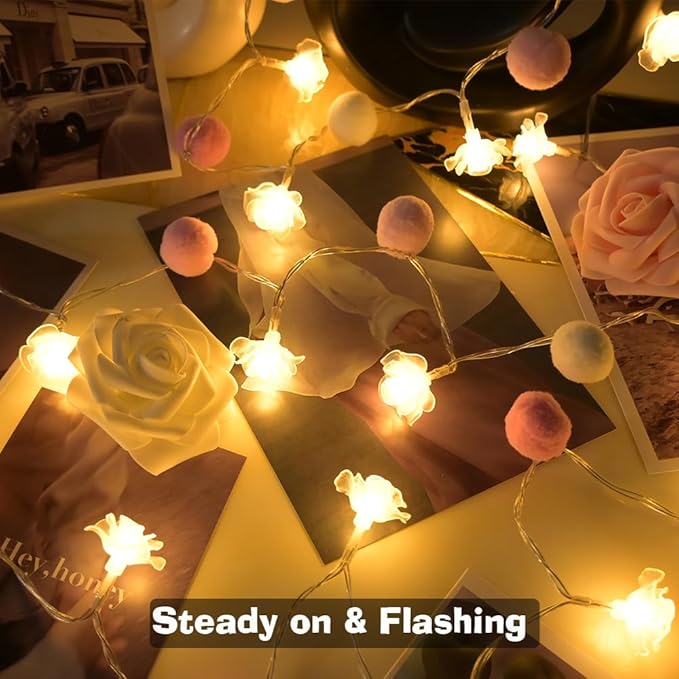 9.85Ft String Lights 20 Cute Pink Pompoms 20 LEDs Rose Fairy Lights Garland Battey Operated with Timer Flower Lights for Bedroom Kids Room Party Birthday Wedding Valentines Decorations-CasaMuseHome