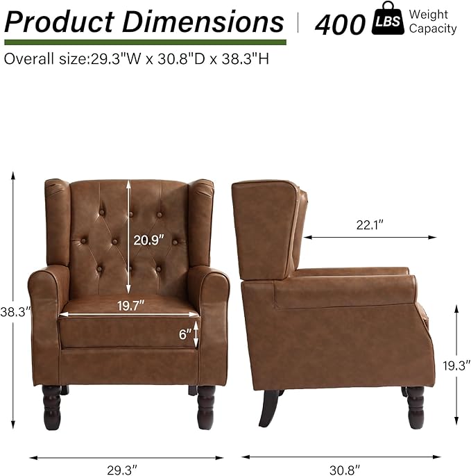 Accent Chair, Upholstered Armchair with Button Tufted High Back & Solid Wood Legs, Comfy Wingback Reading Single Sofa Chair for Small Spaces, Living Room, Bedroom (Leather Brown, Set of 2)-CasaMuseHome