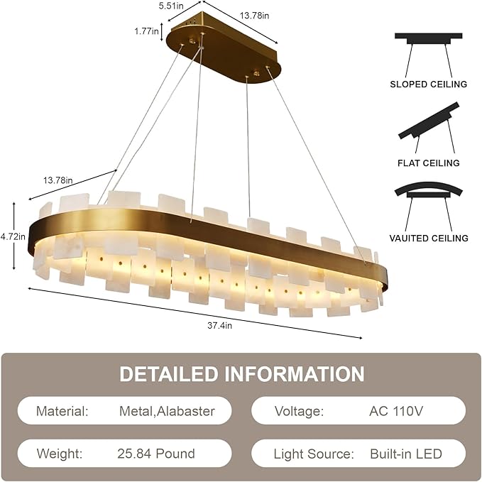 37.4" Natural Spanish Alabaster Rectangle Chandelier, Adjustable Luxury Ceiling Light for Dining Room Over Table, Kitchen Island, Modern Marble Chandeliers for Bedroom, Foyer, Entryway-CasaMuseHome