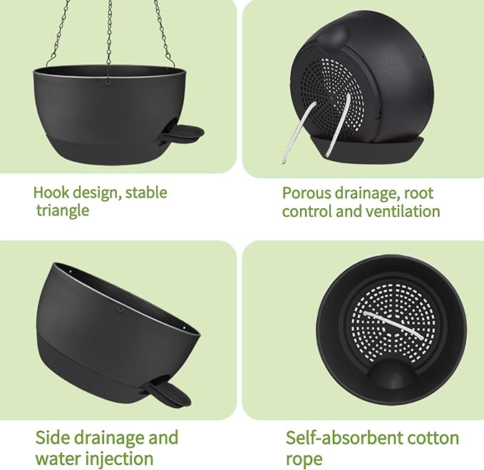 2 Pack Hanging Planters for Indoor Outdoor Plants, 12 Inch Self Watering Hanging Pot with Drainage Holes and Saucer, Plastic Plant Pots, Black Flower Pots for Kitchen, Balcony, Garden-CasaMuseHome