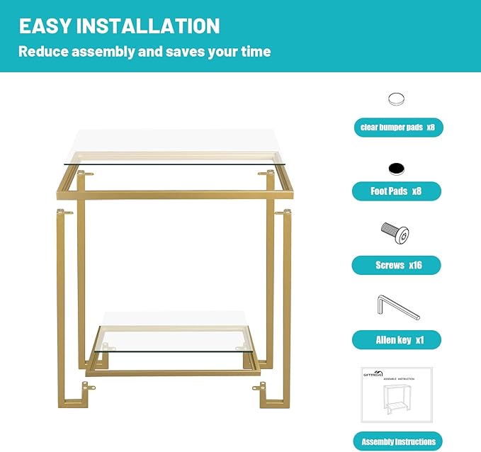 2 Tier Rectangular Side Table, Gold End Table with Glass Top, Modern Metal Clear Coffee Table，Small Accent Table for Living Room, Bedroom, 22" x 12.4" x 24"-CasaMuseHome