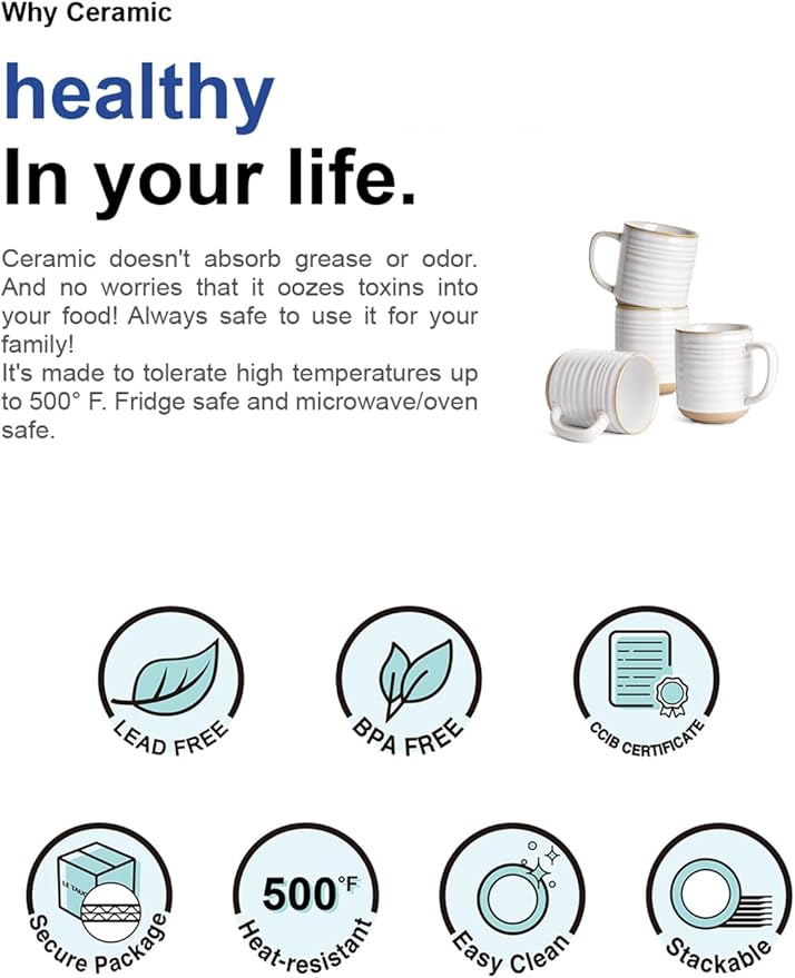 LE TAUCI Coffee Mugs 15 oz,Ceramic Mug Set, Coffee Cups for Latte, Hot Tea, Cappuccino, Mocha, Cocoa, Dishwasher Safe, Suit For Housewarming Wedding- 3.5 inch, Set of 4, Arctic White-CasaMuseHome
