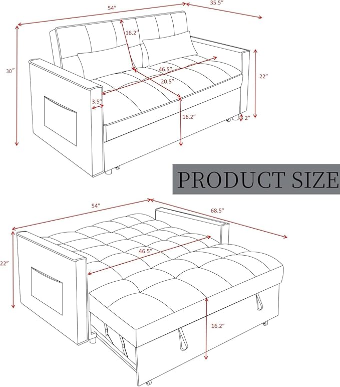 3 in 1 Sleeper Sofa Bed, Futon Sofa Bed for Living Room with Side Pocket, Green Sleepers Sofas Couch with Pullout Beds, Convertible Love Seat Sleepers Couch for Living Room, Bedroom-CasaMuseHome