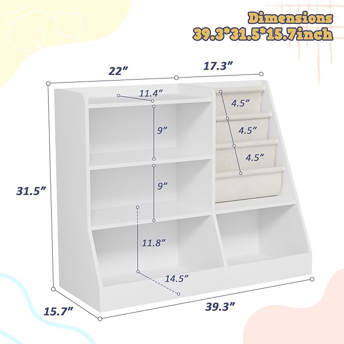 39" Large Kids Wooden Bookshelf and Toy Storage Organizer, Baby Bookcase with Sling Book Rack, Children Toddler Wooden Book Shelf for Kids Rooms, Playroom, Classroom, Nursery, School (White)-CasaMuseHome