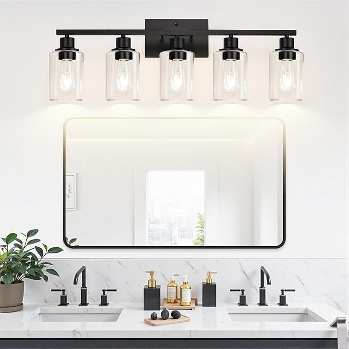 5-Light Bathroom Light Fixtures, Matte Black Modern Vanity Lights with Clear Glass Shades, Bathroom Vanity Light for Mirror Living Room Cabinet Bedroom Porch-CasaMuseHome