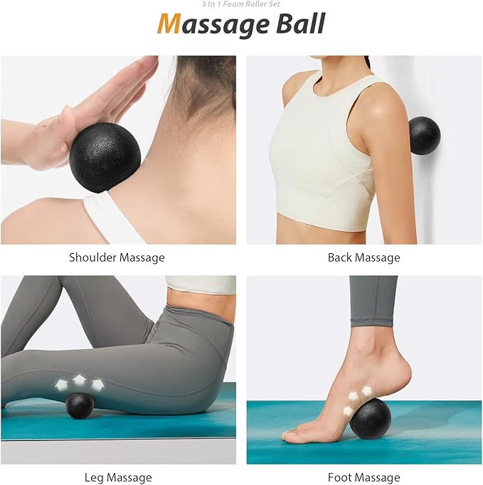 5 in1 Foam Roller Set, Trigger Point Foam Roller, Massage Roller Stick, Massage Ball, Resistance Band for Deep Muscle Massage Pilates Yoga,Fitness Exercise for Whole Body (Black-Red)-CasaMuseHome