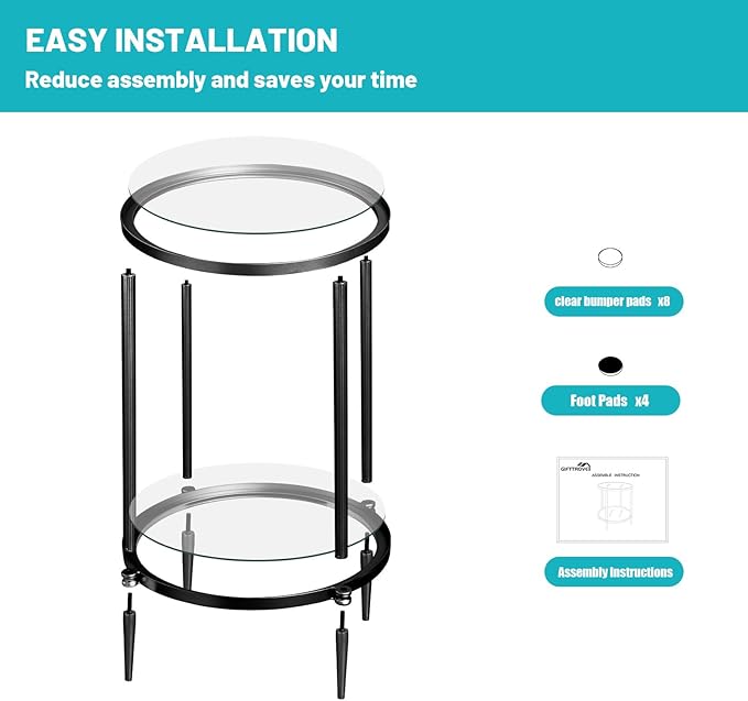 2 Tier Round Side Table, Black End Table with Glass Top, Modern Metal Clear Coffee Table，Small Accent Table for Living Room, Bedroom, 18" x 18" x 24"-CasaMuseHome