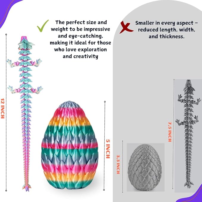 3PCS 3D Printed 12” Articulated Crystal Dragon Inside 5.1” Egg – Fantasy Collectible, Fidget Toy & Stocking Easter Basket Stuffers for Home & Office Decor (3pcs - Rainbow)-CasaMuseHome