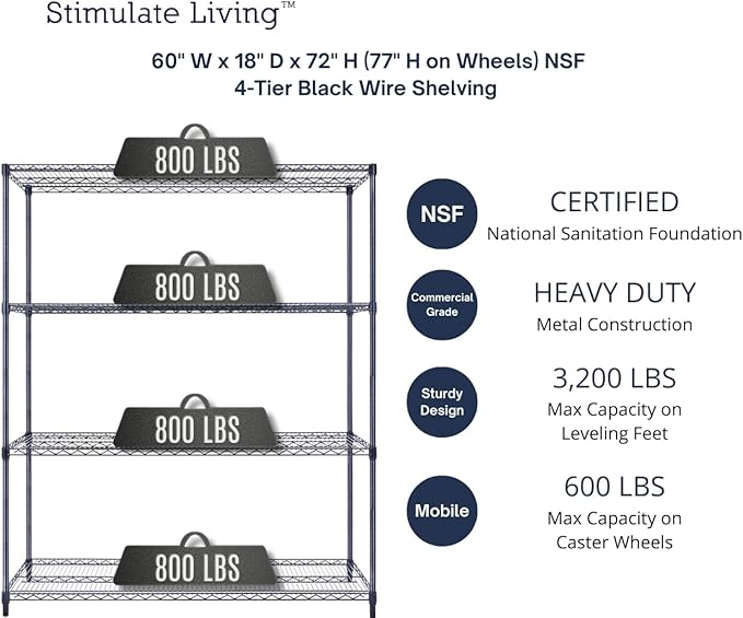 60"x18"x72" Prime Heavy Duty Black 4-Tier Wire Shelving NSF 3200 LBS MAX Capacity Storage Rack for Commercial, Hospital, School, Garage, and Kitchen Uses (with Wheels)-CasaMuseHome