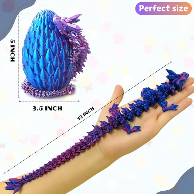 3D Printed 12” Articulated Crystal Dragon Inside 5.1” Egg – Fantasy Collectible, Fidget Toy & Stocking Easter Basket Stuffers for Home & Office Decor (Laser Purple)-CasaMuseHome