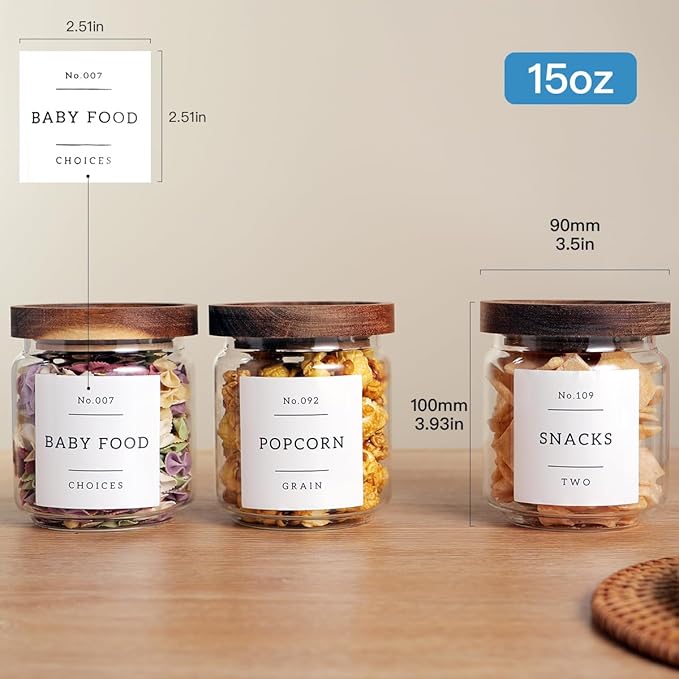 6 Set Glass Pantry Storage Jars with Acacia Airtight Lid - 15oz Thicken Glass Kitchen Canisters with 132 Pantry Labels - Clear Glass Food Storage Containers with Wood Lid for Tea,Sugar,Spice,herbs-CasaMuseHome