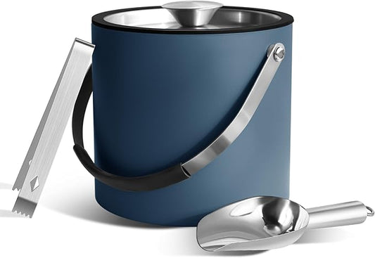 3L Ice Bucket with Silicone Lid, Scoop, Tongs & Strainer, Stainless Steel Double Wall Insulated Ice Buckets for Parties & Cocktail Bar, Outdoor Champagne Ice Container Bin, Navy-CasaMuseHome