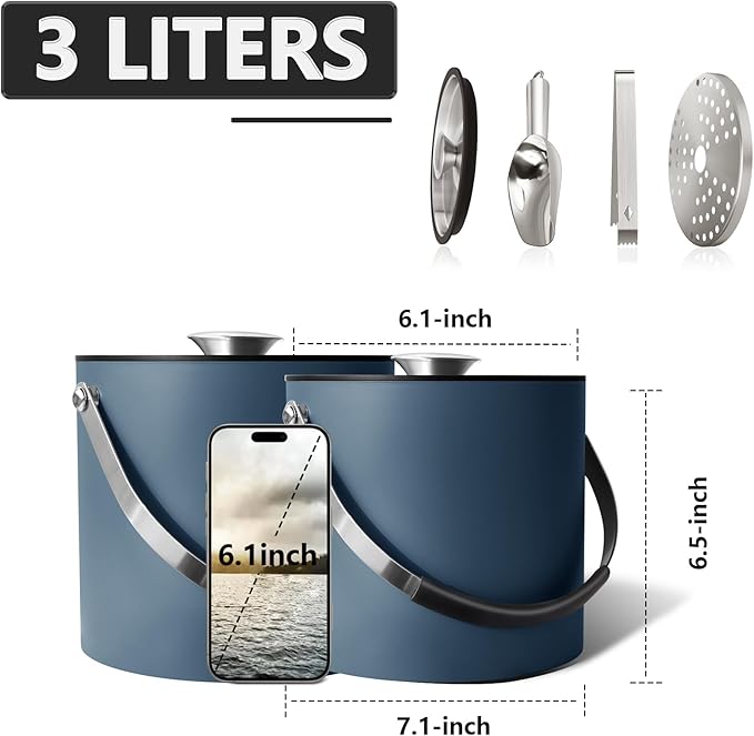 3L Ice Bucket with Silicone Lid, Scoop, Tongs & Strainer, Stainless Steel Double Wall Insulated Ice Buckets for Parties & Cocktail Bar, Outdoor Champagne Ice Container Bin, Navy-CasaMuseHome