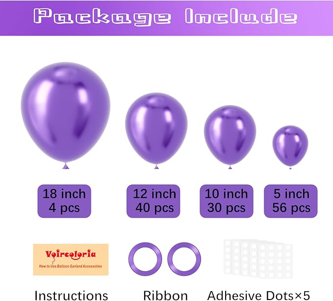 130pcs Metallic Purple Balloons Different Sizes 18" 12" 10" 5" Chrome Purple Latex Balloon Garland Arch Kit for Birthday Baby Shower Graduation Wedding Gender Reveal Party Decorations-CasaMuseHome