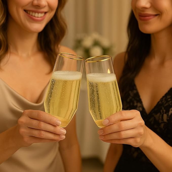 48 Pack Diamond Unbreakable Stemless Plastic Wine Stemless Toasting coacktail Glasses, Durable 9 Oz BPA-Free Disposable Champagne Flutes for Weddings, Bars, Events, and Celebrations (Diamond Gold Rim)-CasaMuseHome