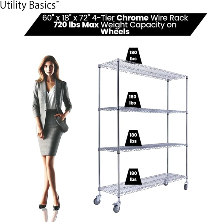 60"x18"x72" Chrome Premium Metal Steel Wire Shelving 4-Tier NSF 3200 LBS MAX Capacity Heavy Duty Storage Rack for Garages, Commercial Spaces, Hospitals, & Schools w/Premium Wheels-CasaMuseHome