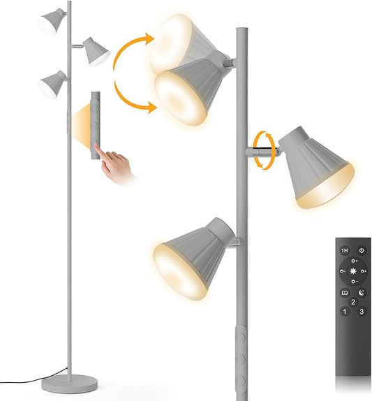 36W LED Tree Floor Lamp, Dimmable Tall Standing Lamp with Remote & Touch Control, 4 Color Temperatures Bright Floor Lamp, 3 Rotatable Light Modern Floor Lamps (Silver Gray)-CasaMuseHome