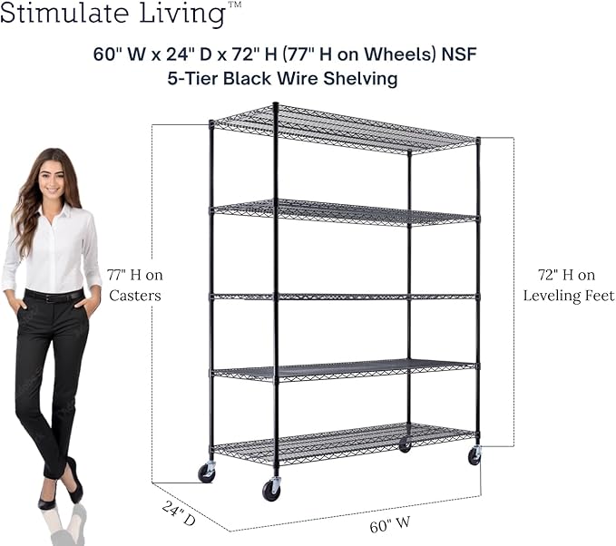 60"x24"x72" PRIME HEAVY DUTY Black 5-Tier Wire Shelving NSF 3000 LBS MAX Capacity Storage Rack for Commercial, School, Home, Garage, Warehouse, Industrial, and Hospital Uses (with Wheels)-CasaMuseHome
