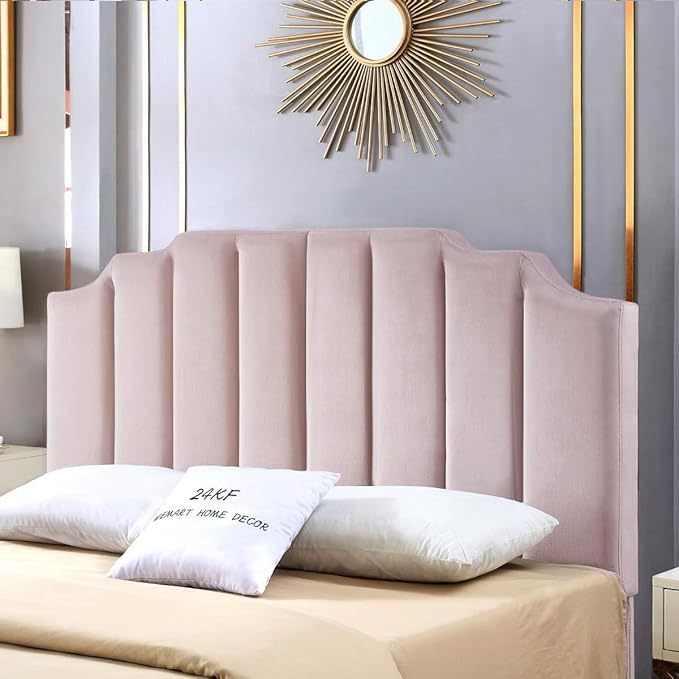 24KF Pink Velvet Tufted Queen Upholstered Headboard, Modern Vertical Channel Design California Queen/Full Headboard with Stepped Silhouette Top Edge, Pink-CasaMuseHome