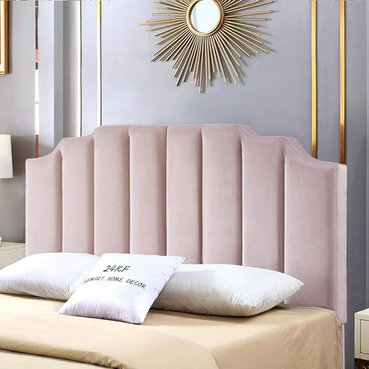 24KF Pink Velvet Tufted Queen Upholstered Headboard, Modern Vertical Channel Design California Queen/Full Headboard with Stepped Silhouette Top Edge, Pink-CasaMuseHome