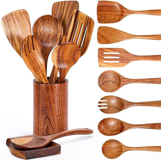 9 Piece Natural Teak Wooden Kitchen Utensil Set with Spoon Rest - Comfort Grip Cooking Spoons and Utensils Holder-CasaMuseHome